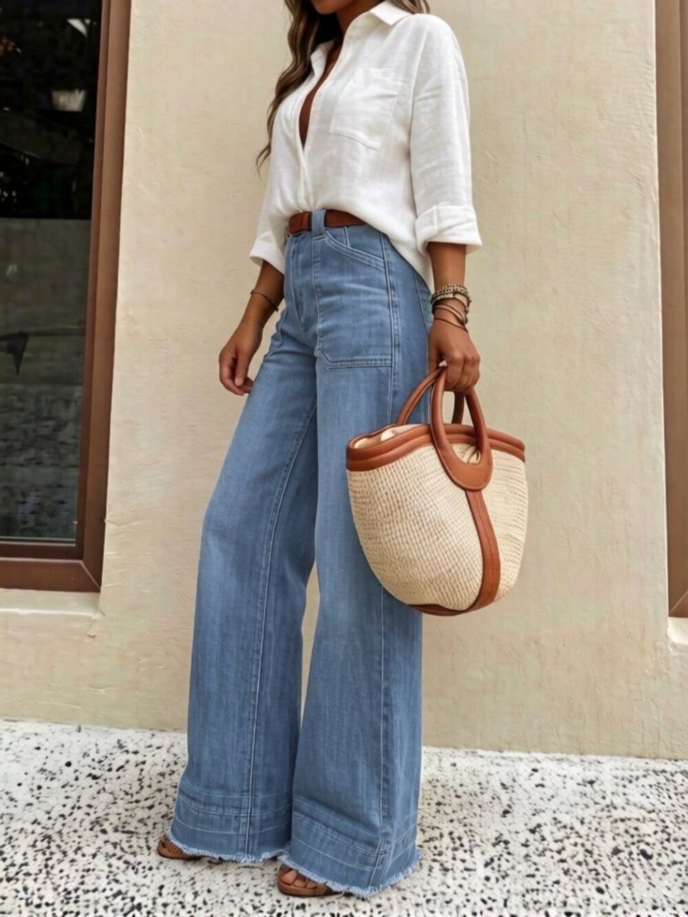 Light Wash Casual Women's High-Quality  Denim Wide Leg Jeans - Picture 4 of 5